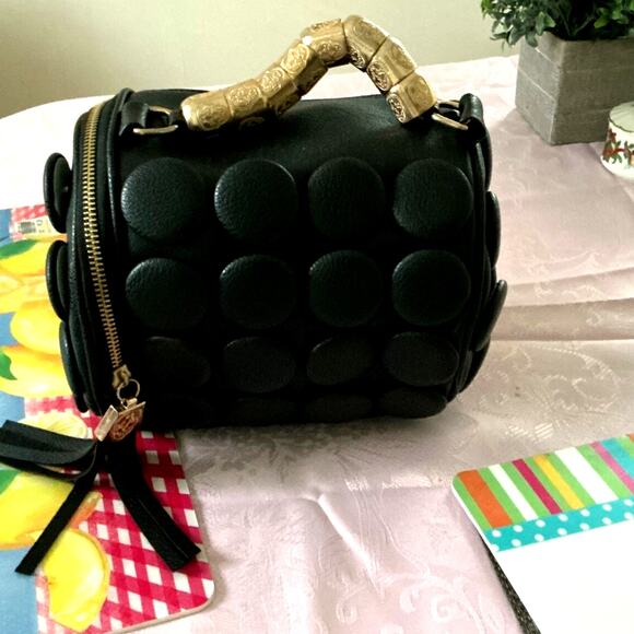 Brighton Handbags - Women ladies button barrel design handbag metal chain tassels black